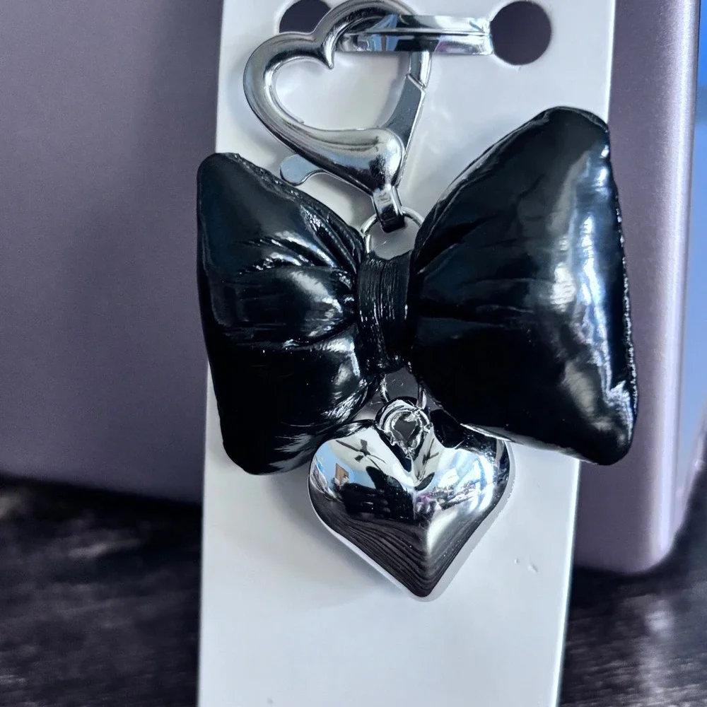 Mint Black Puffed Bow Bag Charm Silver Heart Dangle Keychain Accessory